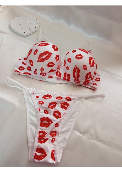 Csaymoda Öpücük Desenli Destekli Balenli Çapraz Sütyen Takımı Eser Beyaz