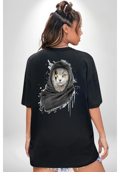 Safari Kedi Şal Eşarp Siyah Oversize Unisex Ön Ve Sırt Baskılı Tişört Siyah