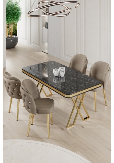 Canisa Rigel Serisi 80x130 Lak Panel Siyah Mermer Desen Masa Takımı Gold Ayaklı 4 Cappucino Sandalye Masa Siyah Mermer Desen Sandalye Cappucino Canisa Rigel Serisi 80x130 Lak Panel Siyah Mermer Desen Masa Takımı Gold Ayaklı 4 Cappucino Sandalye Masa Siyah Mermer Desen Sandalye Cappucino