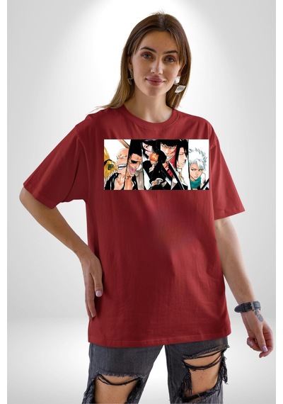 Bleach Anime Pamuklu Bisiklet Yaka Unisex Oversize Boyfriend Dijital Baskılı Kırmızı T-shirt Kırmızı