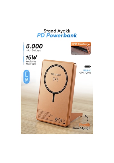 Fulltech Fp49 5000 Mah Magsafe Uyumlu Kablosuz Powerbank Turuncu 15w Hızlı Şarjlı Taşınabilir Şarj C