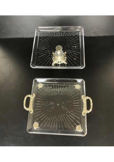 Elta Collection 2 Li Paşabahçe Kristal Gümüş Metal Ayaklı Yaldızlı Kare Pasta Sunumluk Kurabiyelik Gümüş