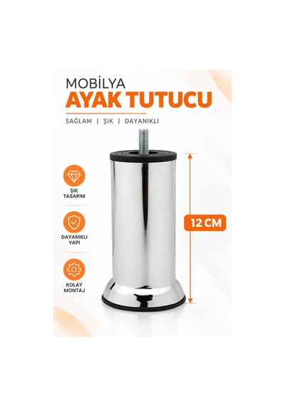 Mobilya Kanepe Baza Koltuk Destek Yükseltme Yükseltici Ayağı M8 Civatalı Krom Metal Ayakları 12 Cm.