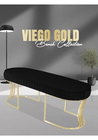 Viego Gold Striped- Siyah Kapitoneli Chester Model Puf & Bench & Koltuk & Uzun Makyaj Puff & Yatak Ucu &önü