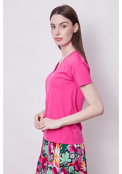 Jument Kadın V Yaka Kısa Kol Likralı Span Kumaş Şık T-shirt Bluz-fujya Fujya