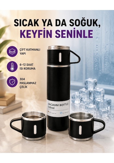 Shnstore Paslanmaz Çelik Termos Seti 500 Ml Kapasite, 6-12 Saat Isı Koruma, Hediye Kutulu Shntknd0720