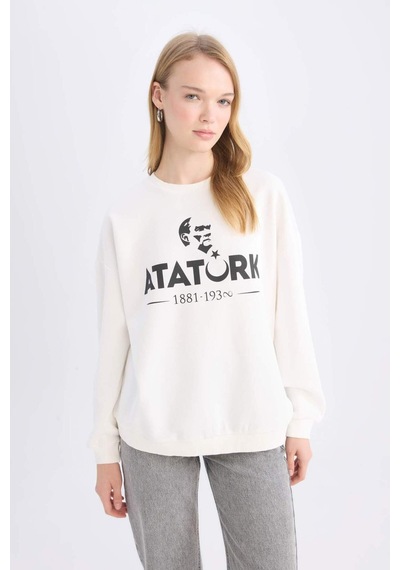 DeFacto Oversize Geniş Kalıp Bisiklet Yaka Atatürk Baskılı Sweatshirt E5447AX24WNWT32