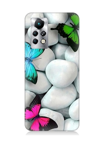 Infinix Note 11s Uyumlu Mavi Yeşil Pembe Kelebekler Ve Beyaz Taşlar Desenli Silikon Kılıf