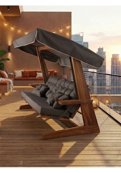 Luna Deluxe 2600 Iroko Beş Kişilik Yatak Olma Ve Ayak Uzatma Sehpalı Ahşap Bahçe Salıncağı Antrasit Minder Seti Dahil Antrasit