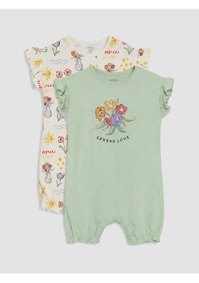 LC Waikiki Lcw Baby Yeşil Fırfırlı Baskılı Kız Bebek 2'li Tulum Lıght Green