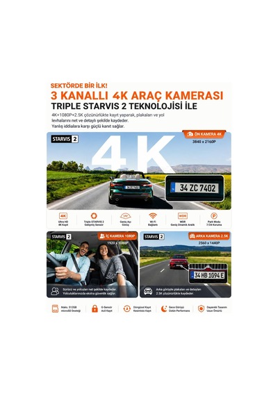 Nexus 4 Pro S 3 Kameralı 4k Uhd Wi-fi Gps Araç Kamerası