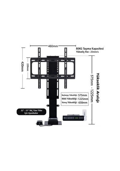 Powermaster Pm-24928 32'' - 57'' İnç Ayarlanabilir Yükseklik Uzaktan Kumandalı Tv Kaldırma Lift Asansörü