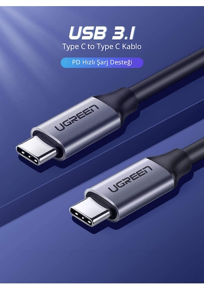Ugreen 50751 60W Thunderbolt USB3.1 GEN1 3A QC PD Hızlı Şarj Kablosu 1.5 Metre Siyah