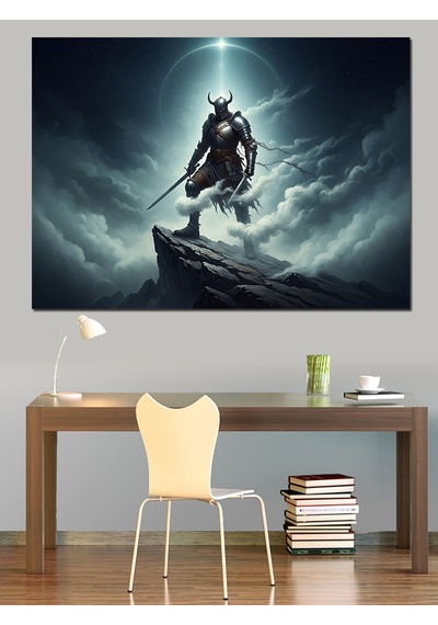 Bulutların Üstünde Siyah Zırhlı Savaşçı Dekoratif Kanvas - Mdf Ahşap Tablo
