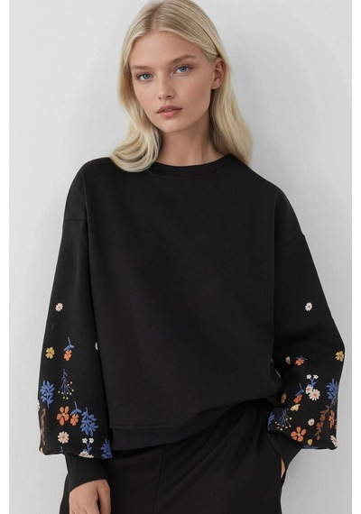 Hiccup Baskılı Uzun Kollu Yuvarlak Yaka Sweatshirt Siyah