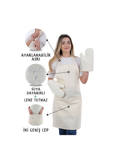 Simple 3lü Set Ayar Askılı Cepli Mutfak Önlüğü Seti 2 Eldiven Şef Garson Kafe Aşçı Barista Bej