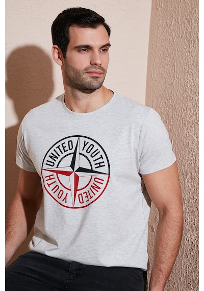 Buratti Baskılı Bisiklet Yaka Pamuklu Slim Fit Erkek T Shirt 541Pusula Açık Melanj
