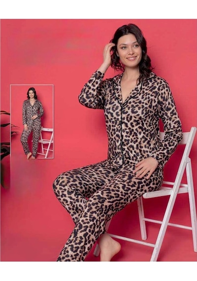 Boyraz Leopar Desenli Düğmeli Pijama Takımı LEOPAR
