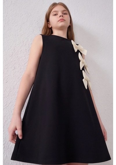 Fesshera Kids Kız Çocuk %100 Pamuk Double Crep Elbise Fiyonk Detaylı Sıfır Kollu Düğme Kapamalı Özel Gün Elbisesi Siyah