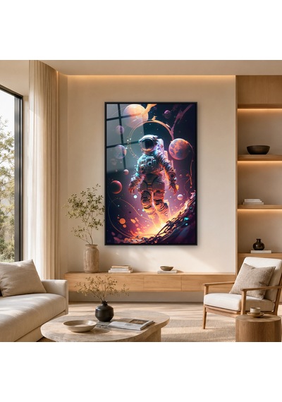 Gezegenler Arasında Işıklı Astronot Siyah Çerçeveli Cam Tablo