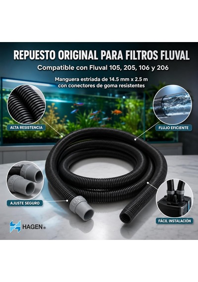 Fluval Oluklu Yedek Hortum 2,5 M, Çap 24/28 Mm Fluval Dış Filtre 104, 204, 105, 205, 106 Ve 206 İçin, Siyah/gri