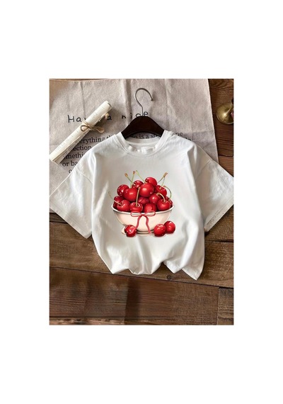 Herkesemoda Kiraz Kasesi Baskı Detaylı Basic T-shirt Beyaz