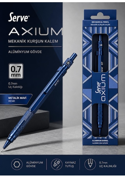 Serve Axium Mekanik Kurşun Kalem 0.7 Mm Alüminyum Gövde - Metalik Lacivert Çok Renkli