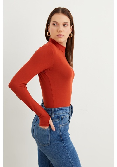 Hiccup Bıpantolon Kadın Dar Kalıp Yarım Balıkçı Yaka Body Tuğla Kırmızısı