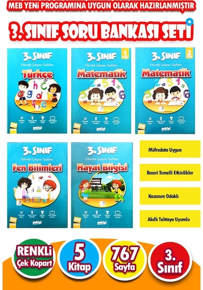 3.sınıf Soru Bankası Seti 5 Kitap Etkinlikli Çalışma Seti Matematik Türkçe Hayat Bilgisi