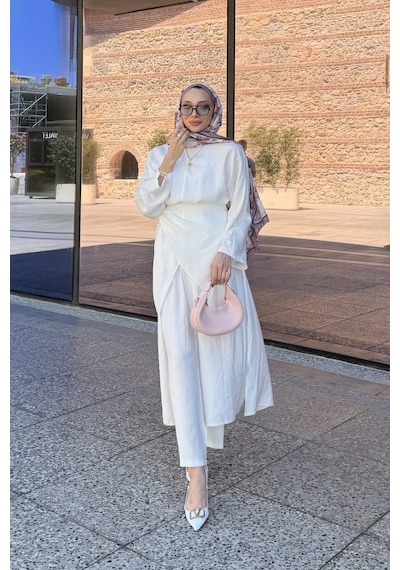 Riella Butik Nehir Üçlü Tesettür Takım Beyaz