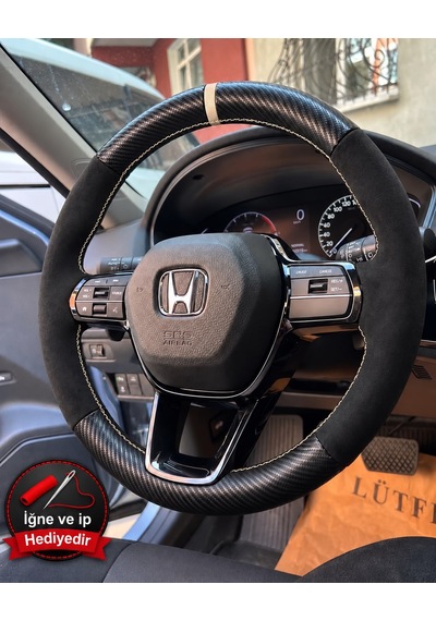 Honda Civic Fe Dikme Direksiyon Kılıfı Alcantara Süet Mat Karbon Bej Yüzük Ve Dikiş 2021-2026
