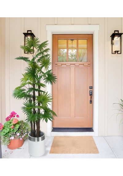 Yapay Ağaç Yelpaze Palmiye 4katlı Fanpalm 32 Yaprak Gümüş Kemerli Beyaz Saksıda 170 65cm