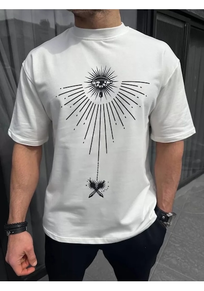 Suma Unisex Oversize Bisiklet Yaka Baskılı Beyaz T-shirt - Xl