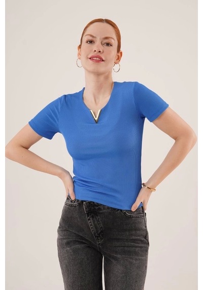 Defymoda Kısa Kollu Yaka Detaylı Kaşkorse Saks Bluz Saks