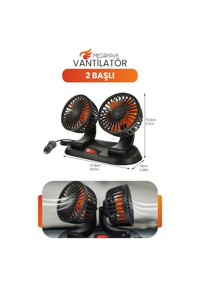 Çift Başlı Araç İçi Vantilatör 12v Çakmak Girişli Ayarlanabilir Oto Fan