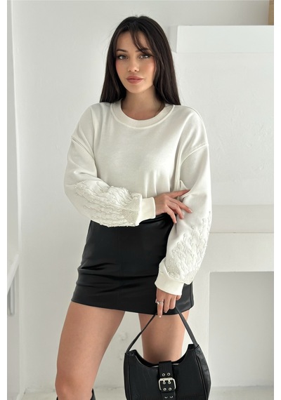 Femelle Beyaz Kolları Boncuk Ve Taş İşlemeli %100 Pamuk Sweatshirt - Svt10