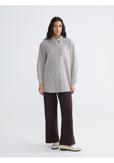Lcw Modest Kahverengi Çizgili Oversize Poplin Kadın Gömlek Tunik