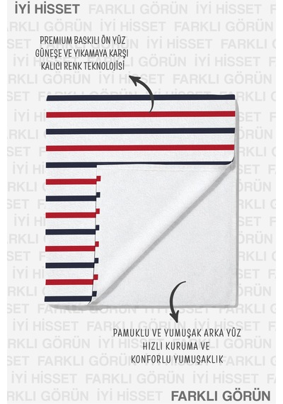 Çizgili Marine Plaj Havlusu - Lacivert Kırmızı Modern Nautical Hızlı Kuruyan Mikrofiber Havlu Kumlu Papatya