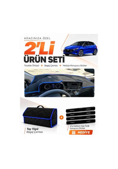 E-biz Hyundai İ20 2020-2024 Uyumlu Torpido Örtüsü + Tay Tüyü Bagaj Çantası - Siyah-mavi - Hu003