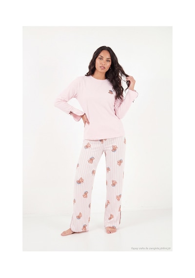 Lela Ayıcık Desenli Lastikli Bel Uzun Kollu Yumuşak Dokulu Pijama Takımı Kadın Pijama Takımı 6575023 Pembe
