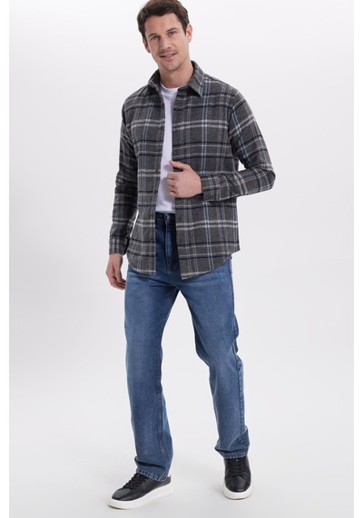 Tudors Erkek Slim Fit Dar Kesim Kareli Kışlık Oduncu Gömlek-42220 Gri