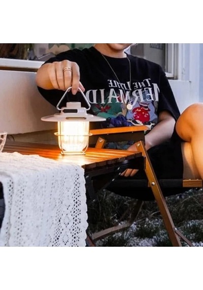 Vintage Led Kamp Lambası - Suya Dayanıklı 5000 Mah Pil Açık Ahşap