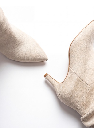 V.s.h Velvet Kama Kadın Süet Körüklü 7 Cm Topuklu Krem Yarım Çizme -2562