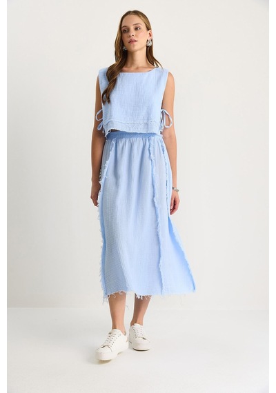 Shade Kadın Beli Lastikli Etek Yandan Bağlama Detaylı Crop Müslin Alt-üst Takım 60283236 - Bebe Mavisi