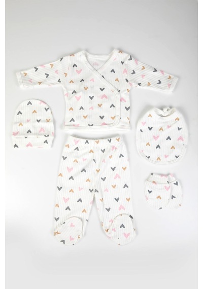 Baby Shez %100 Pamuklu Fitilli 5 Parça Yenidoğan Hastane Çıkışı Kalpli Zıbın Set Gri