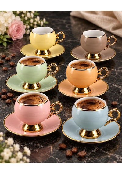 Valkyrie Pastelia Serisi 12 Parça 6 Kişilik Pastel Renkli Gold Ayaklı Türk Kahvesi Fincan Takımı çok renkli