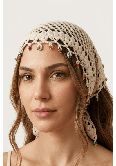 %100 El Örgüsü Boncuklu Bohem Kadın Bandana Saç Aksesuarı Krem