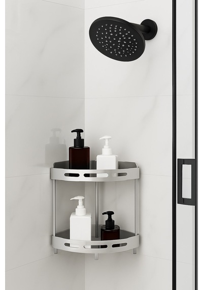 Alüminyum Paslanmaz 2 Katlı Banyo Köşe Rafı Banyo Düzenleyici Organizer Gümüş