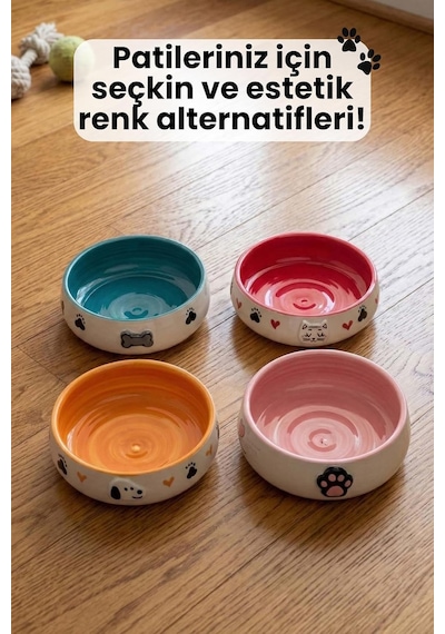 Lüks Seramik Mama Kabı Pati Kedi Köpek Kalp Desen Kabartmalı Doğal Renkli Kedi Ve Köpek Yemek Su Kasesi, Devrilmez Premium Dekoratif Porselen Yapı 1 Adet Tekli Pembe