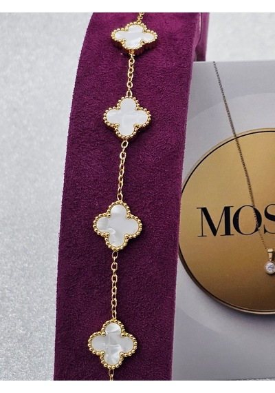 Gold Beyaz Sedefli Renk Çelik Bileklik Yoncalı Model Beyaz